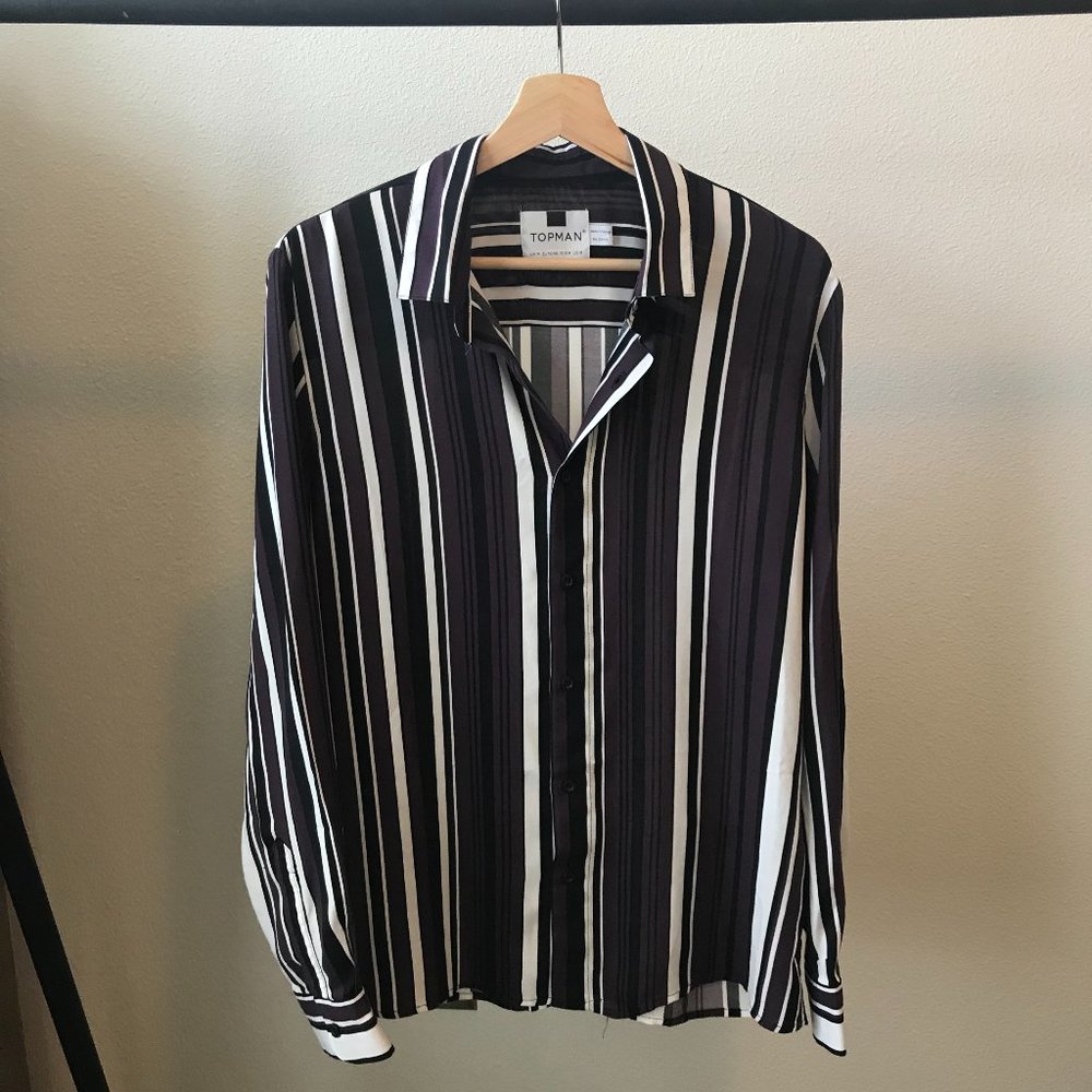 Topman Burgundy & Black Stripe Slim Shirt (Medium)